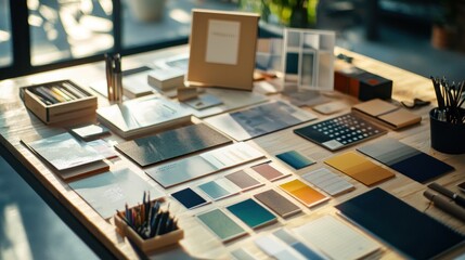 A branding elements displayed in a guide, such as logos and color palettes, on a designer's table.