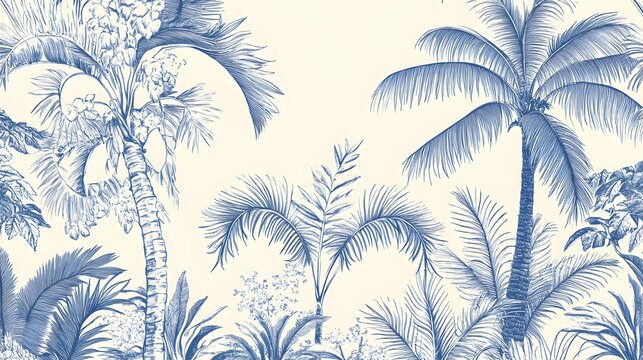 Blue and White Tropical Palm Tree Print Design