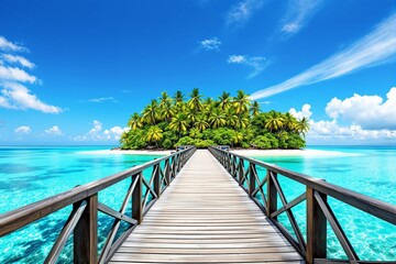 A tropical island with vibrant green palm trees, wooden pier leading to the shore, surrounded by...