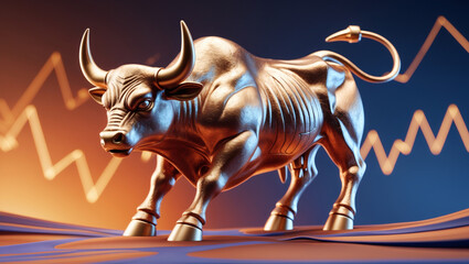 Obraz premium Golden bull statue against a backdrop of rising stock market charts. A symbol of financial success and market growth.