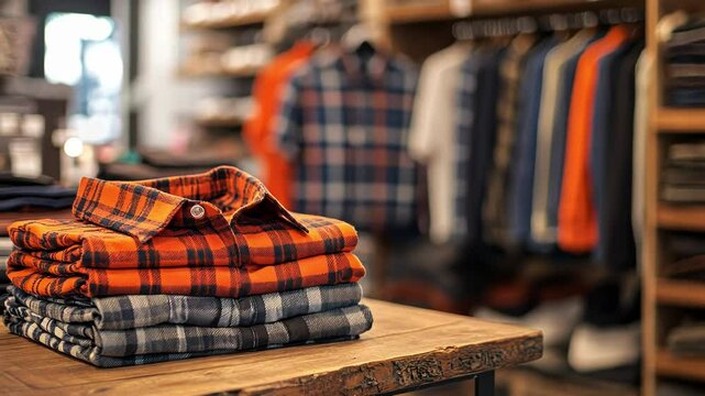 Stacked plaid shirts on a wooden table in a stylish retail store.