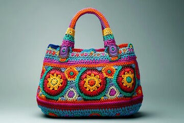 Boho Crochet Handbag in Vibrant Colors on Neutral Background. AI generated illustration