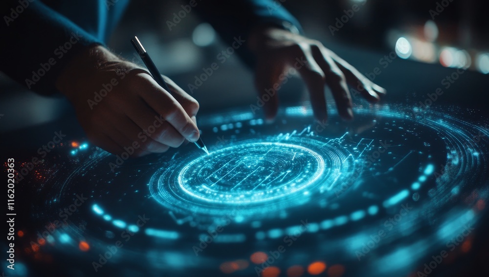 Poster Person using stylus on holographic interface.
