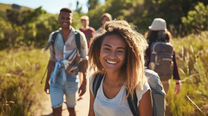 Fototapeta premium happy people in multicultural groups, exploring beautiful nature trails on a sunny day, vibrant and dynamic, natural lighting, joyful mood,
