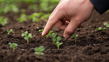 Hand gently touching young seedlings in rich soil.