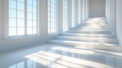 Obraz premium Sunlit staircase in a bright, minimalist hallway.