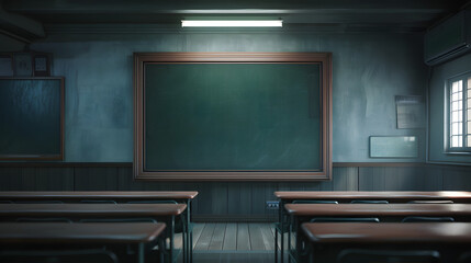 An blank chalkboard in empty class