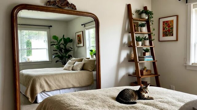 Video footage of cozy bedroom with a large mirror reflecting a bed, a cat on the bed, a ladder shelf with plants and decor, and framed art on the walls