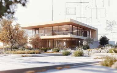 A 3D render of a modern house exterior, featuring clean lines, large glass windows, and a landscaped garden, with architectural blueprints in the background and white details 