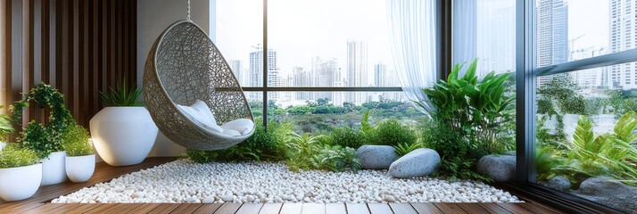 Serene Balcony Garden With Hanging Chair And City View