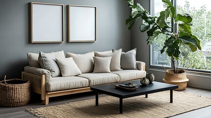 Modern living room interior with beige sofa, wooden coffee table, large plant, and neutral decor.