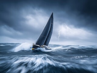 Moody Ocean Storm Featuring a Sailboat Struggling Against Massive Waves and Strong Wind in a Dark Seascape