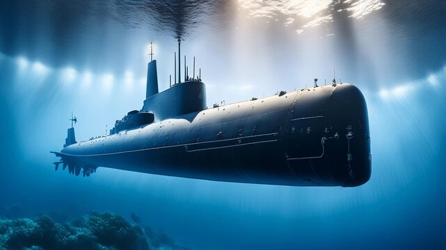 Naval submarine submerge deep underwater near to ocean floor