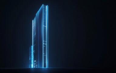 A high-quality 3D render of a futuristic skyscraper design, featuring blue neon lighting accents on a dark matte background 