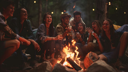 Fototapeta premium joyful people, gathered around a bonfire during a camping trip, vibrant and dynamic, natural lighting, joyful mood,