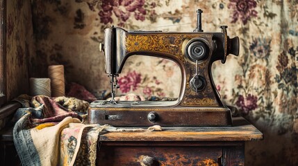 Vintage Sewing Machine with Fabric and Threads in Retro Room Setting. AI generated illustration