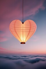 Obraz premium A glowing paper lantern shaped like a heart floating into a twilight sky, with soft pink and gold hues