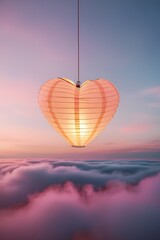 Obraz premium A glowing paper lantern shaped like a heart floating into a twilight sky, with soft pink and gold hues