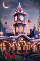 Fototapeta premium A magical train station with a heart-shaped clock and glowing Valentine’s Day lights, whimsical vibes
