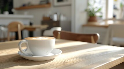 Latte art in a white cup on a wooden table in a sunny cafe.