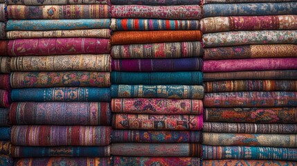 Vibrant woolen carpets and blankets at the entrance of a Moroccan store. AI generated illustration