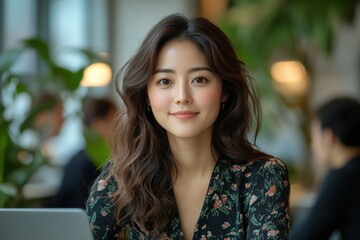 A woman with long brown hair and a floral dress is smiling for the camera. Generative AI