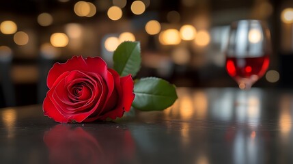 Romantic red rose and wine glass on table.