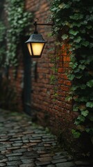 Street lantern illuminating a charming cobblestone path next to a brick wall adorned with lush...