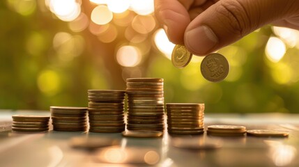 Hand adding coin to growing stacks of coins.