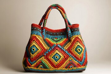 Boho Crochet Handbag in Vibrant Colors on Neutral Background. AI generated illustration