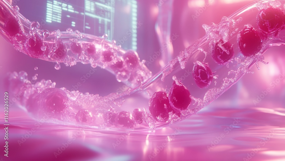 Poster pink bioluminescent fluid flowing through tubes with data screen.