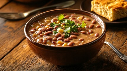 A bowl of creamy pinto bean soup, served on a rustic wooden table with cornbread and antique flatware