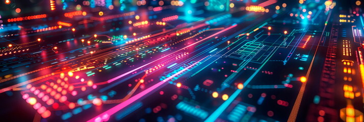 Obraz premium wavy background with digital pixels, circuit board patterns and colorful icons symbolizing innovation and progress