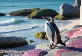 Fototapeta premium Penguin standing on rocks near ocean waves