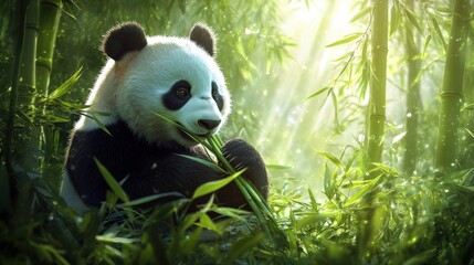 Obraz premium Panda Bear Enjoying Bamboo Lunch In Lush Forest