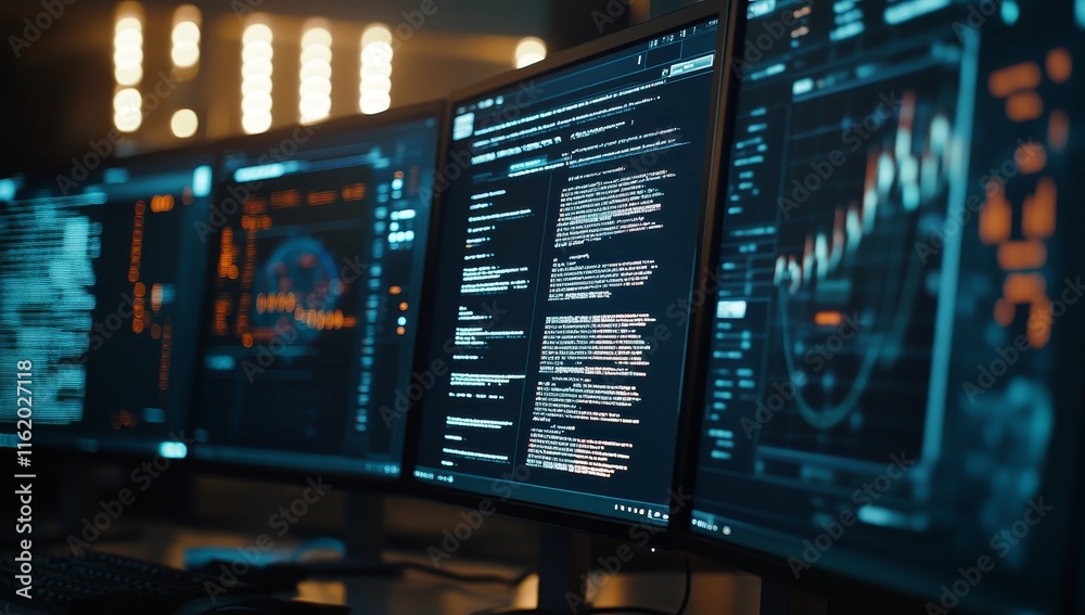 Leinwandbilder Multiple monitors displaying data analysis, graphs, and code.