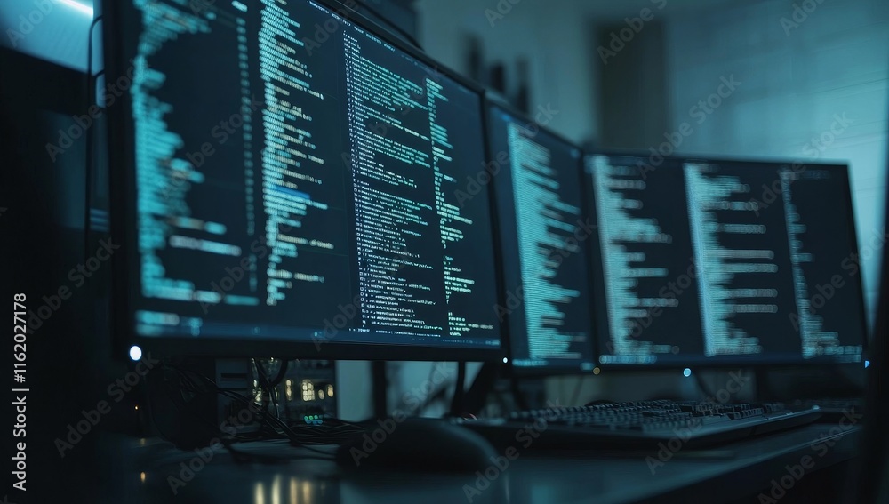 Poster Multiple monitors displaying lines of code at night.
