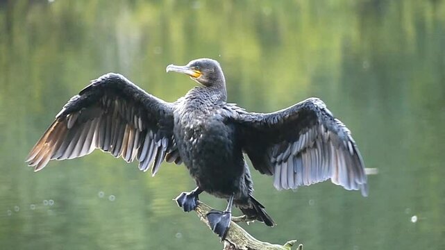 Great cormorant (Phalacrocorax carbo) perching on a broken tree branch spreading his wings to dry