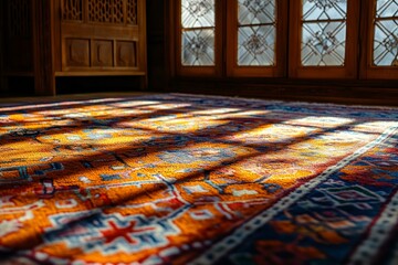 Vibrant Carpet with Intricate Patterns in Front of Wooden Window. AI generated illustration