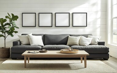 Modern living room interior with gray sofa, wooden coffee table, and four empty picture frames on a white shiplap wall.