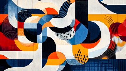 Fluid shapes weaving around geometric structures in a harmonious yet dynamic abstract pattern