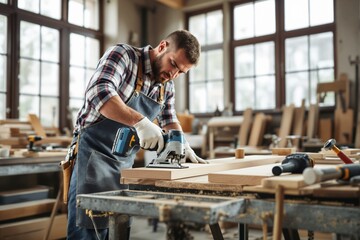 Man working with precision on wood, using a power tool in a sunlit workshop, surrounded by tools and wooden materials, symbolizing craftsmanship. Ai generative