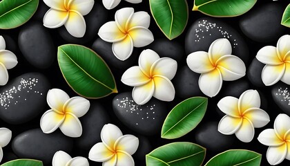 Plumeria blossoms and leaves on smooth black stones