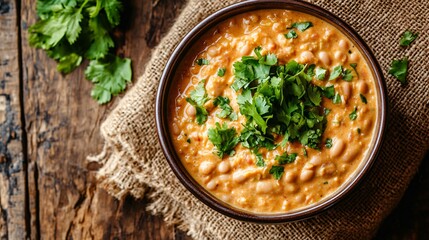 Close up of a bowl filled with creamy pinto beans, garnished with chopped cilantro, placed on a rustic wooden table with a burlap runner
