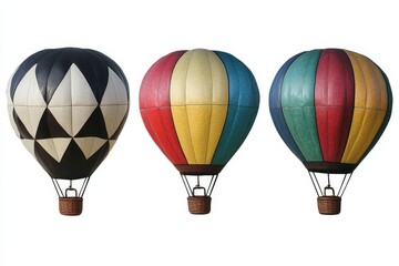 Obraz premium Three decorative hot air balloons in black, white, red, yellow, blue, and green.