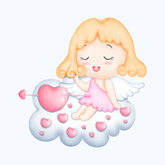 Cute Watercolor Valentine Cupid sit on the cloud. Hand Drawn Romantic Illustration for Cards and Gifts