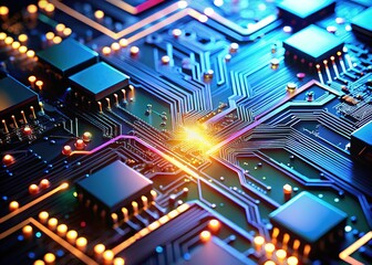 Obraz premium Advanced tech: glowing microchips on a futuristic circuit board.
