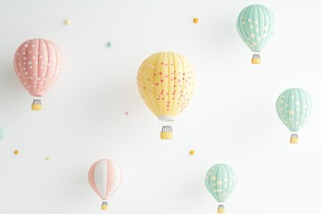 Pastel hot air balloons on white background.