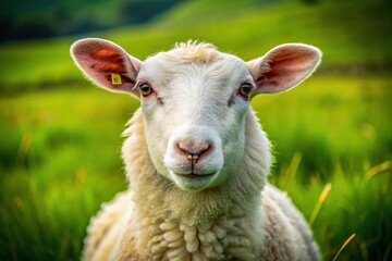 Obraz premium AI-crafted sheep portrait: pure white against vibrant green.