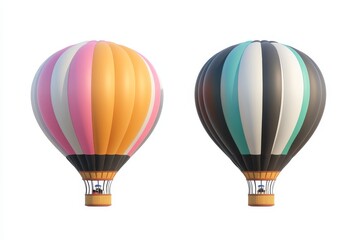 Obraz premium Two hot air balloons, pink orange and teal black, isolated on white background.